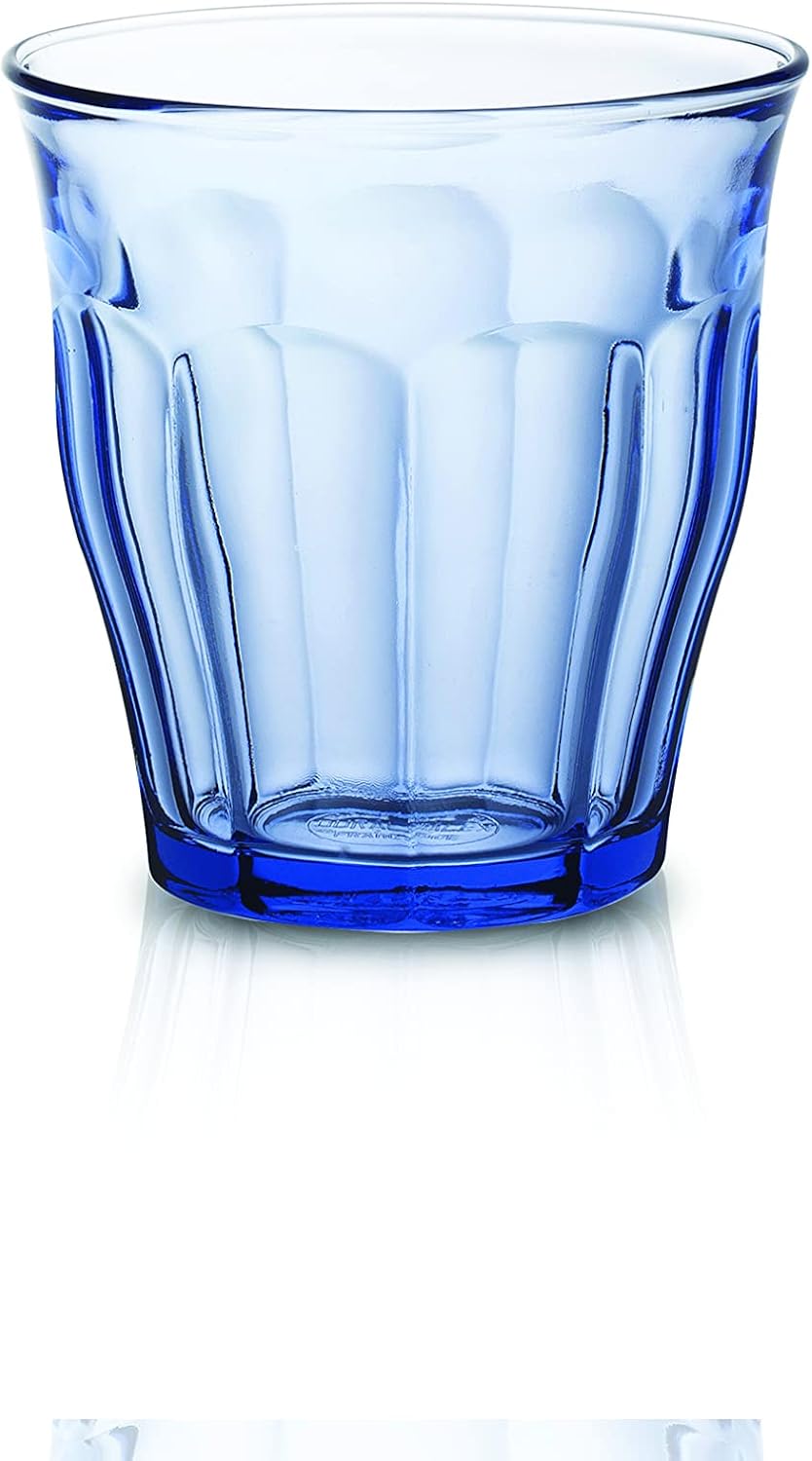 Duralex Made in France Picardie Glass Tumbler Drinking Glasses Set of 6, 12-1/8 oz, Marine Blue