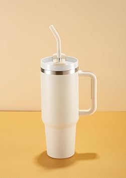 KooK Tumbler with Straw and Handle, 40 Oz, Stainless Steel, Vacuum Insulated Travel Coffee Mug, Reusable Double Walled Water Bottle, Keeps Hot or Cold (Antique White)