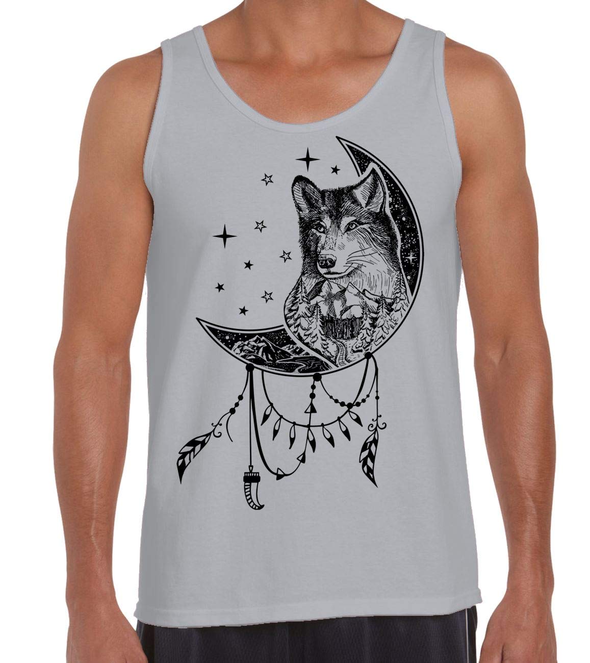 Wolf Dreamcatcher Native American Tattoo Hipster Large Print Men's Vest Tank Top (2XL, Light Grey)