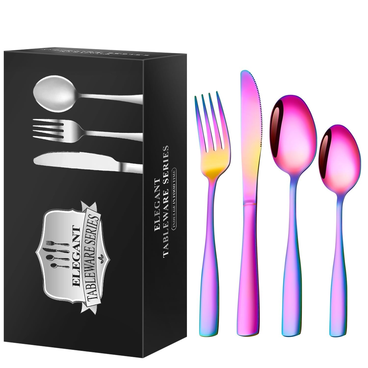 OLSKFUH Cutlery Flatware Cutlery Set, 60-Piece Set Of Stainless Steel Square Handle Cutlery Knife, Fork And Spoon 15 Servings Hotel Home Steak Cutlery,Rainbow