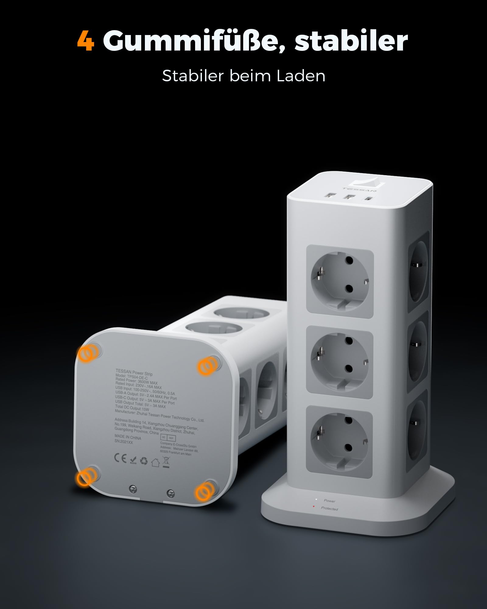 TESSAN Regletas Enchufes con 1 USB C y 2 USB A, regleta 12 enchufes, 10M | Proteccion Sobretension, Interruptor Individual, 15 en 1 Torre Multiple 3600W, Gris, Alargador 10M