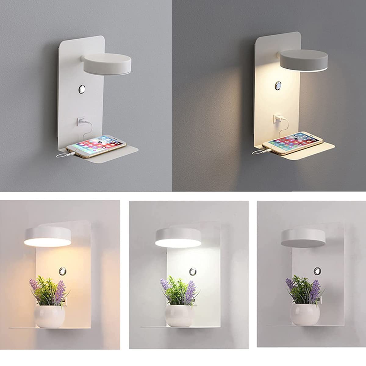 Wewnętrzny kinkiet nocny LED USB, 2 szt. Kinkiet nocny z przełącznikiem Trójkolorowa regulacja, kinkiet z portem USB i półką, regulowana nocna lampka do czytania do sypialni salonu