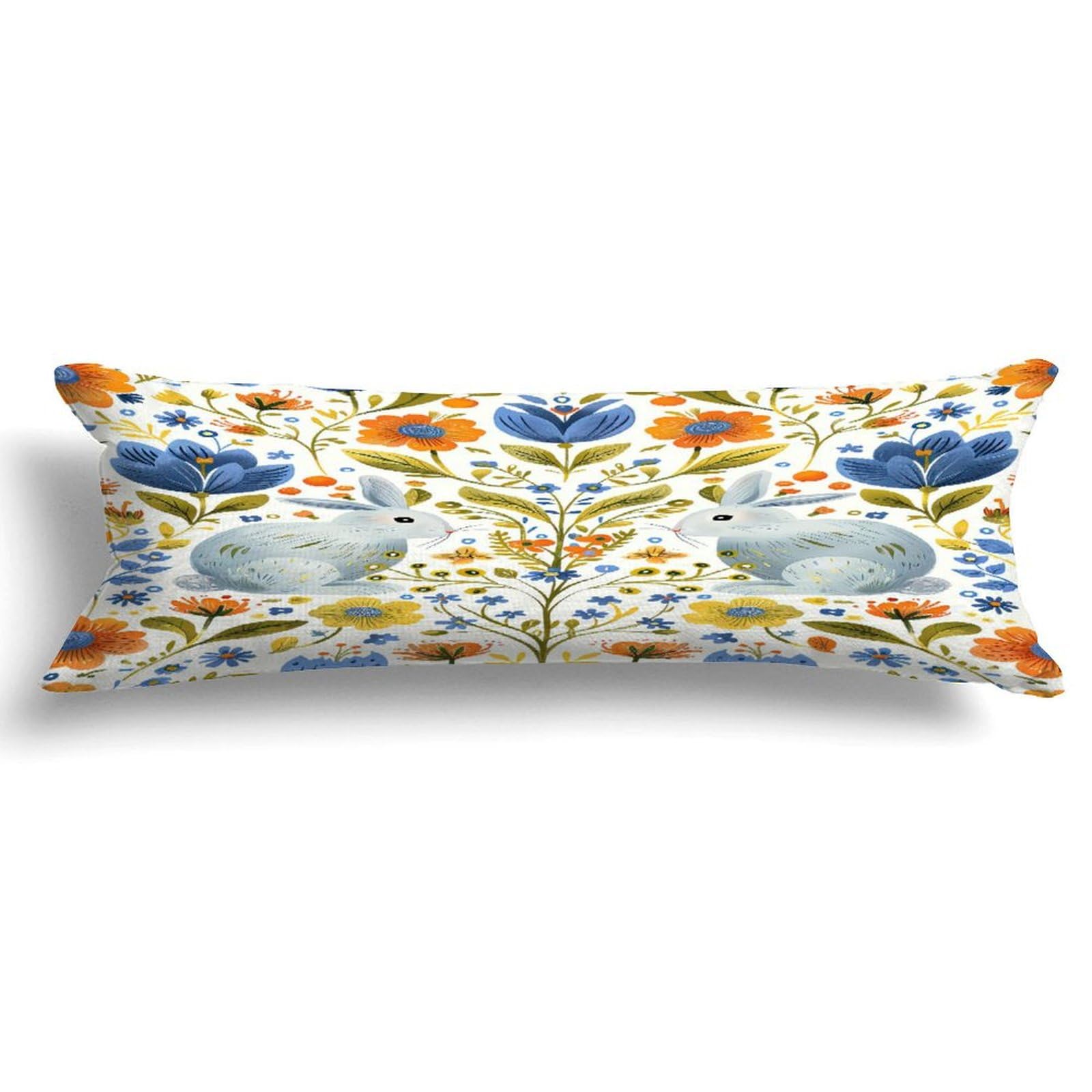 Retro Rabbits and Floral Long Body Pillow Case Cover for Pregnant Women Adults 20x59in,Chinoiserie Asian Style Machine Washable Soft Bed Long Body Pillow Cover with Zipper