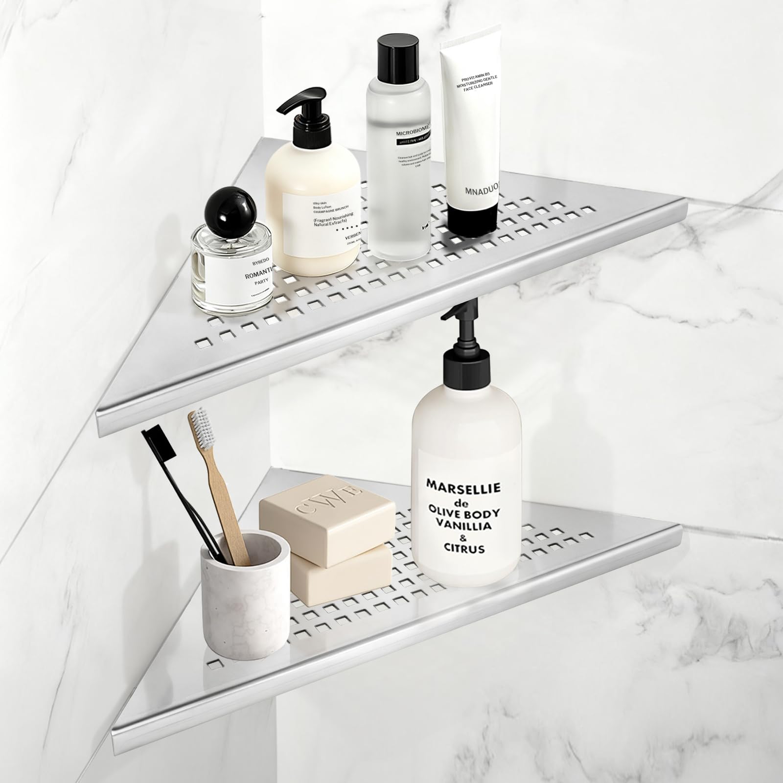 2 Pièces Étagère d'angle pour douche en acier inoxydable 304 étagère d'angle de salle de bain sans perçage, Support de douche avec design en grille (Finition brossée intégrée, 254 mm x 254 mm)