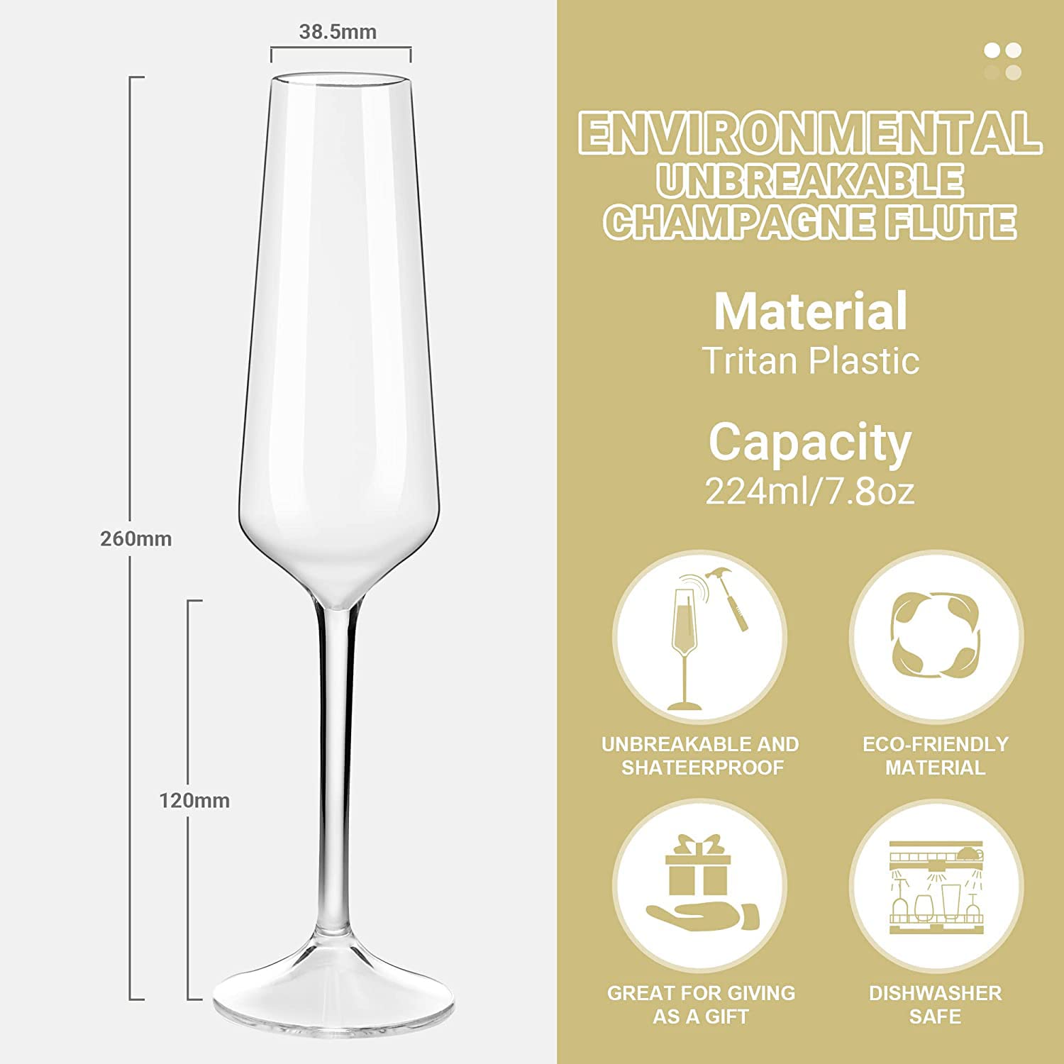 réutilisable Tritan-Plastic champagne flûtes incassable lave-vaisselle en plastique coffre-fort verrerie fête d'anniversaire de mariage Gift-224ML / 7.8oz, set de 4