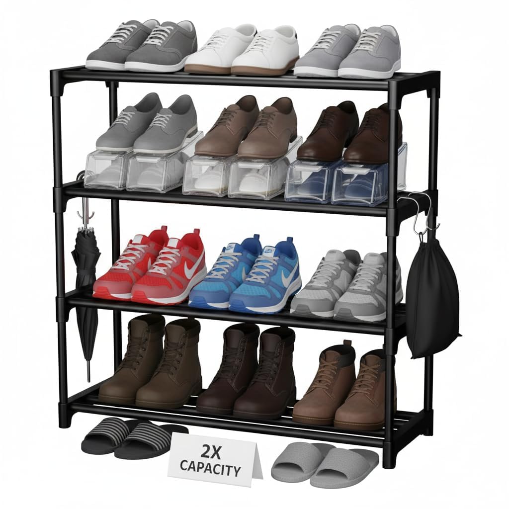 4 Tier Shoe Rack Organiser Black, Space Saving Footwear Storage Stand for Home, Multi Layer Shoe Shelf for Entryway Bedroom Closet, Durable and Lightweight Shoe Storage Rack-image-1
