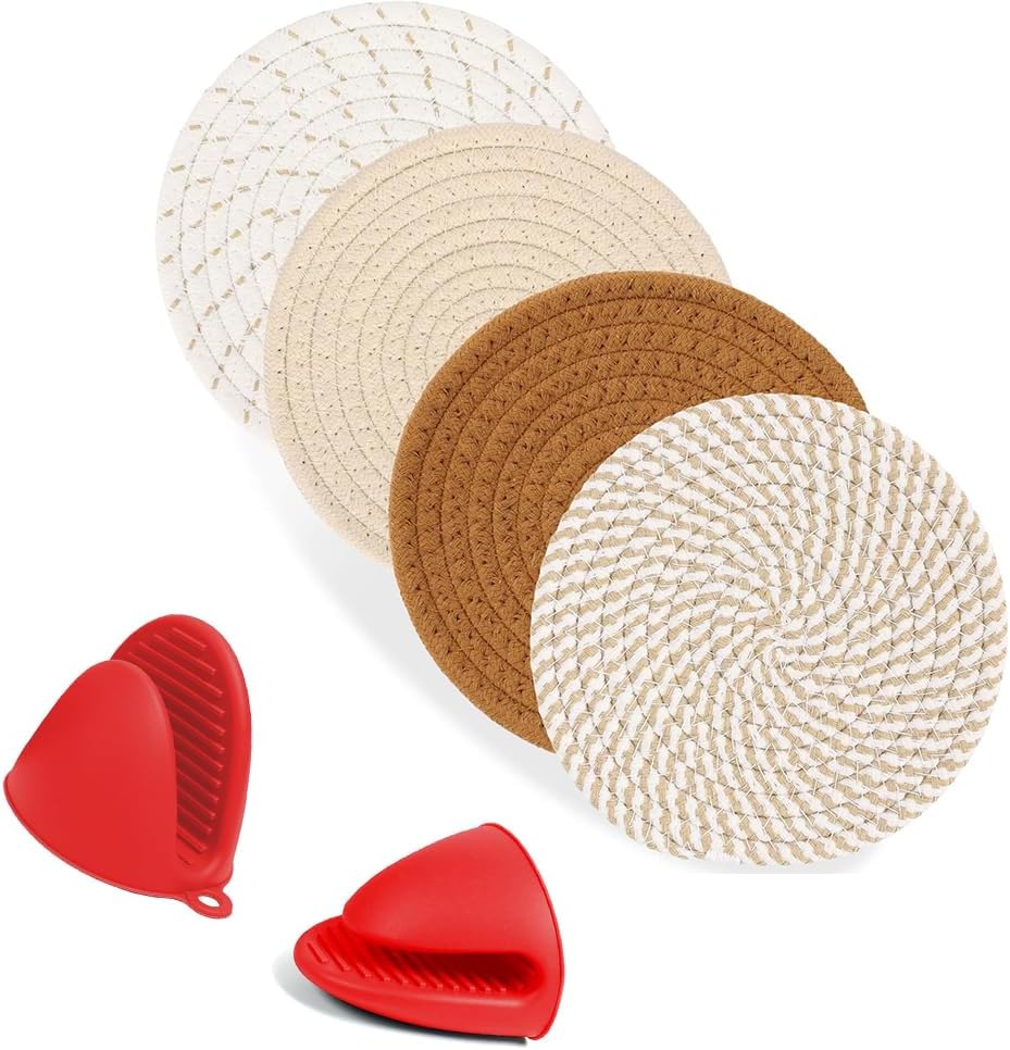 5-Piece Trivets & Silicone Mitts Set – 4 Heat-Resistant Cotton Hot Pads and 1 Pair Mini Oven Mitts for Hot Dishes, Pots, Pans, and Air Fryers – Kitchen Essentials & Farmhouse Decor