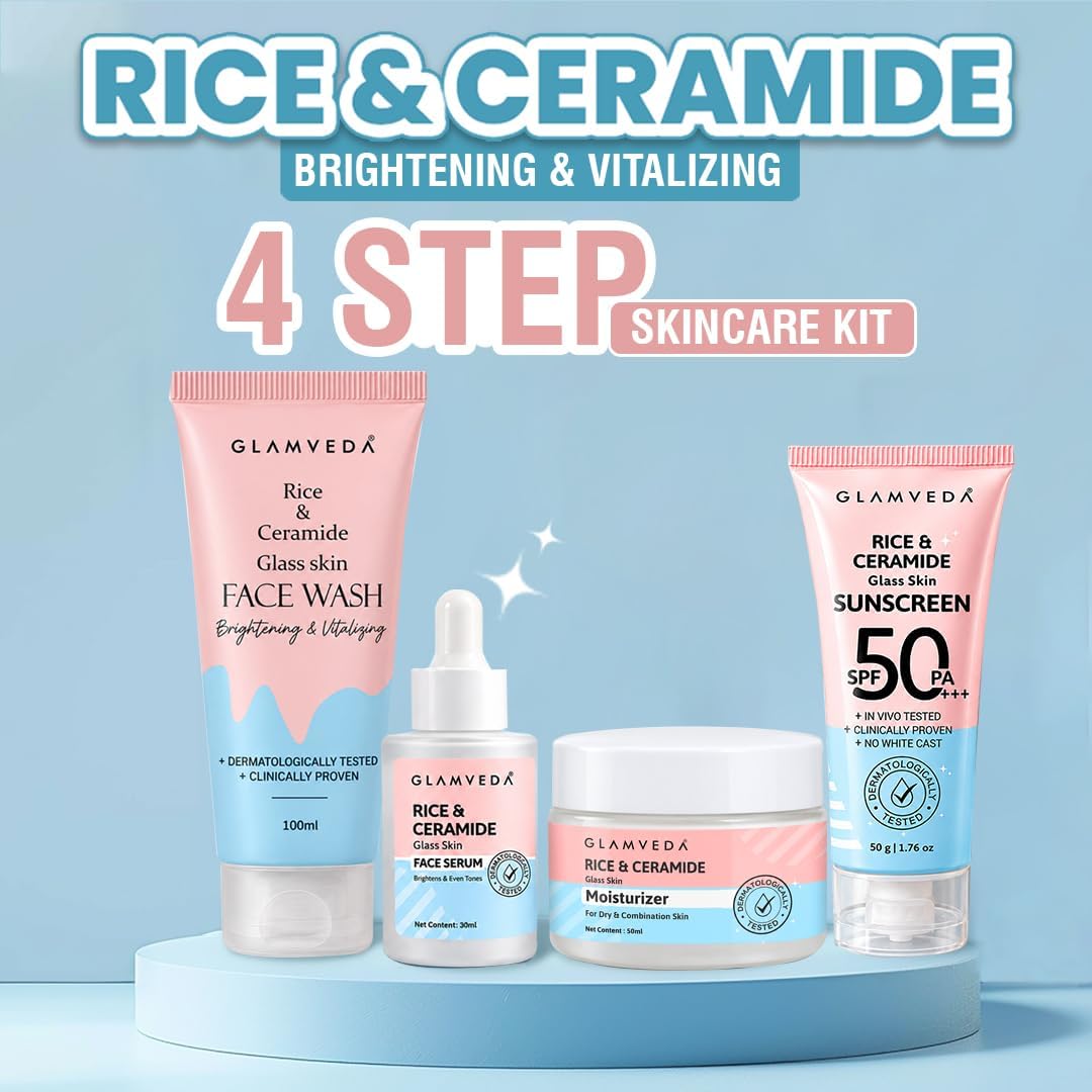 Glamveda Rice & Ceramide 4 Step Skincare Kit for Women | Face Wash, Face Serum, Moisturizer & SPF 50 PA+++ Sunscreen | Hydrating Korean Skincare Set for Barrier Repair, Brightening & Healthy Glowing Skin