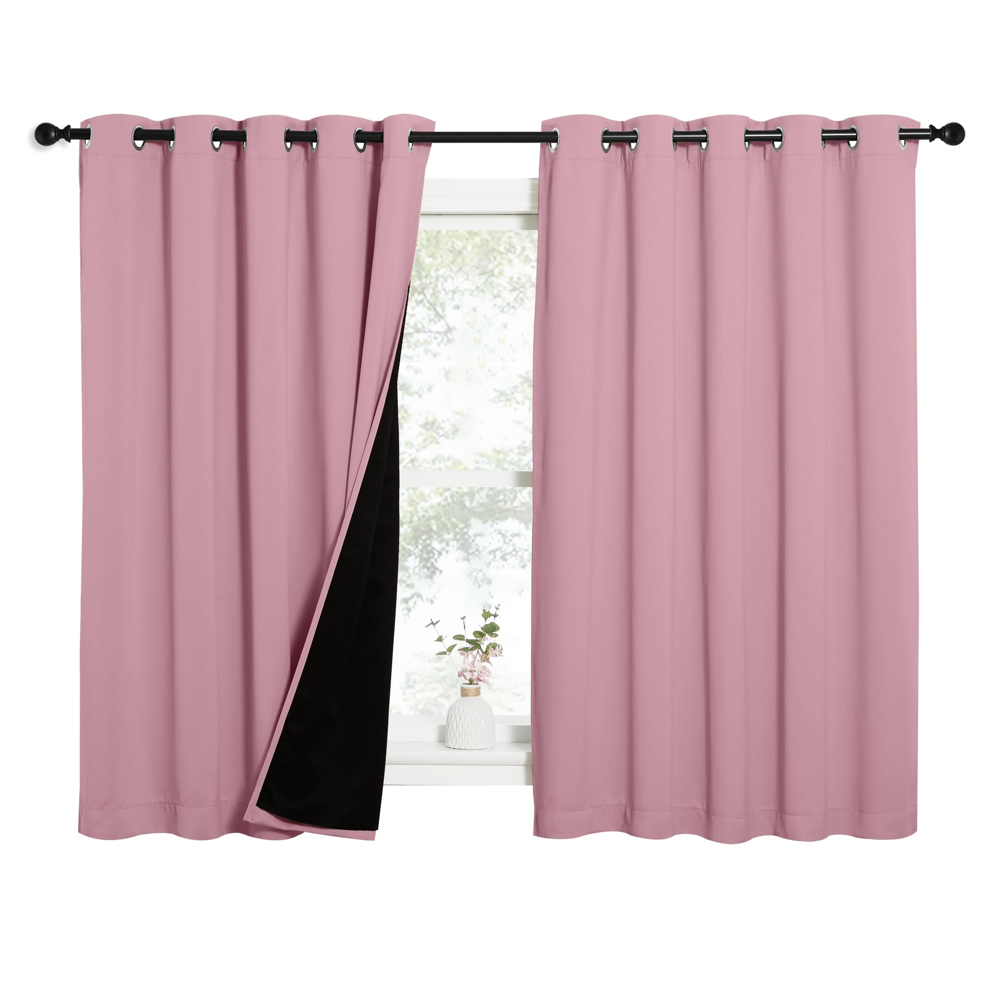 NICETOWN 100% Blackout Curtains with Black Liners, Thermal Insulated Full Blackout 2-Layer Lined Drapes, Energy Efficiency Window Draperies for Bedroom (Crystal Pink, 2 Panels, 62-inch W by 63-inch L)