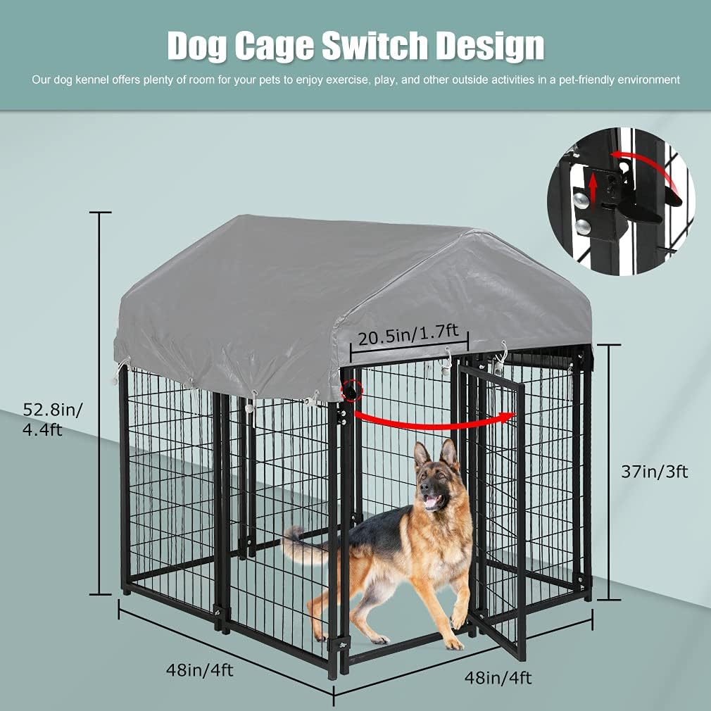 Large Dog Kennel Dog Crate Cage, Extra Large Welded Wire Pet Playpen with UV Protection Waterproof Cover and Roof Outdoor Heavy Duty Galvanized Metal Animal Pet Enclosure for Outside, 4 x 4 x 4.3 Feet