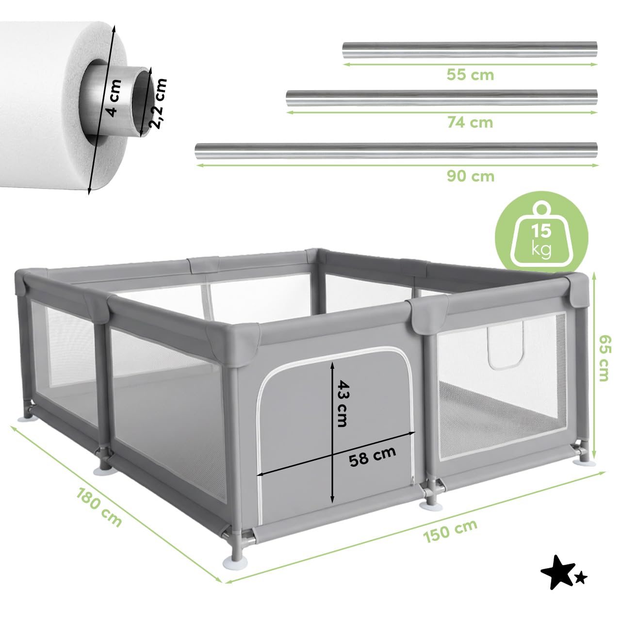 MalPlay Kojec dla niemowląt 150x180 cm dla dzieci w wieku 6-36 miesięcy, mobilny kojec dla dzieci z bokami z siatki, Laufgitter Playpen Play Pen składany, duży kojec dla niemowląt, zamek błyskawiczny