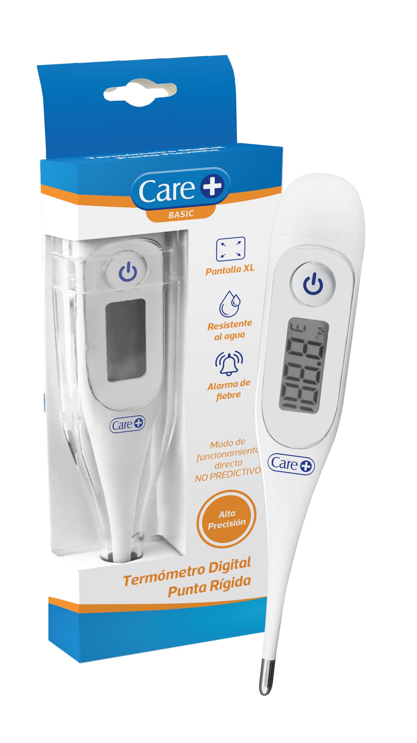 Care + Termómetro Digital y Corporal, Punta Rígida, pantalla LCD sin cristal, alarma de fiebre, para bebes, niños y adultos, Blanco