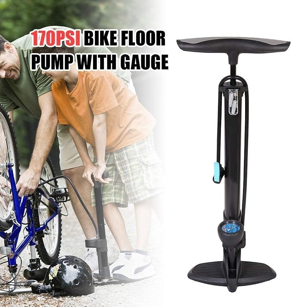 Bike Floor Pump -170 Psi with Gauge Presta Valve and Schrader Valve Double Valves Fast Inflation Wide Bracket Comfortable Grip, Portable Bicycle Foot Pump Compatible (Color : Black)