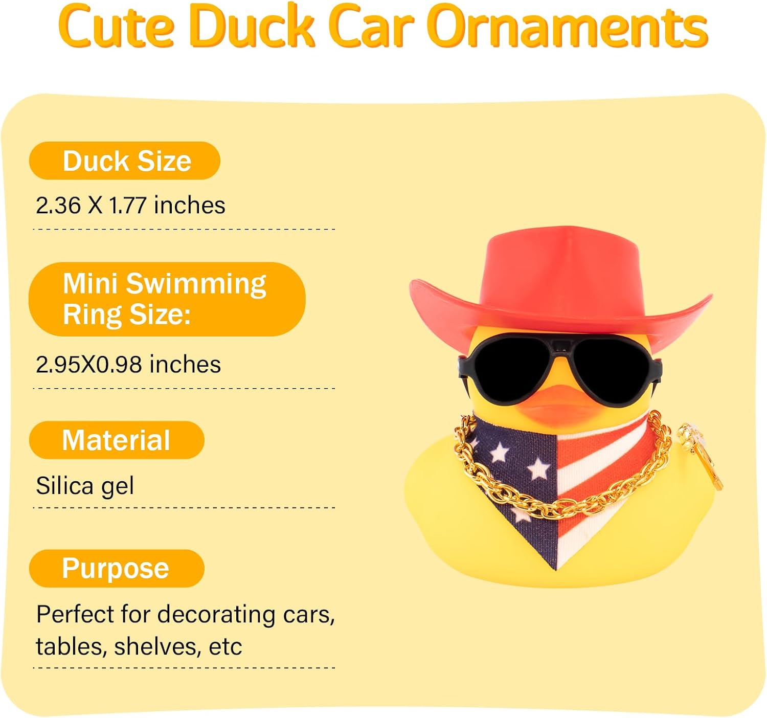 wonuu Rubber Duck Car Ornaments Dashboard Decorations with Cowboy Hat Bandanna Necklace for 4th of July Independence Day Accessories Labor Day, Yellow-Red Vertical Red White Blue Star Stripe Flag
