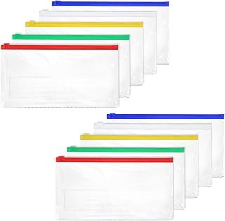 10 Pack Plastic Zip Envelope A6 Size Zipper Pouch with Label Pocket Assorted Clear Pencil Case Waterproof Transparent Cash Envelopes for Office Lottery Ticket