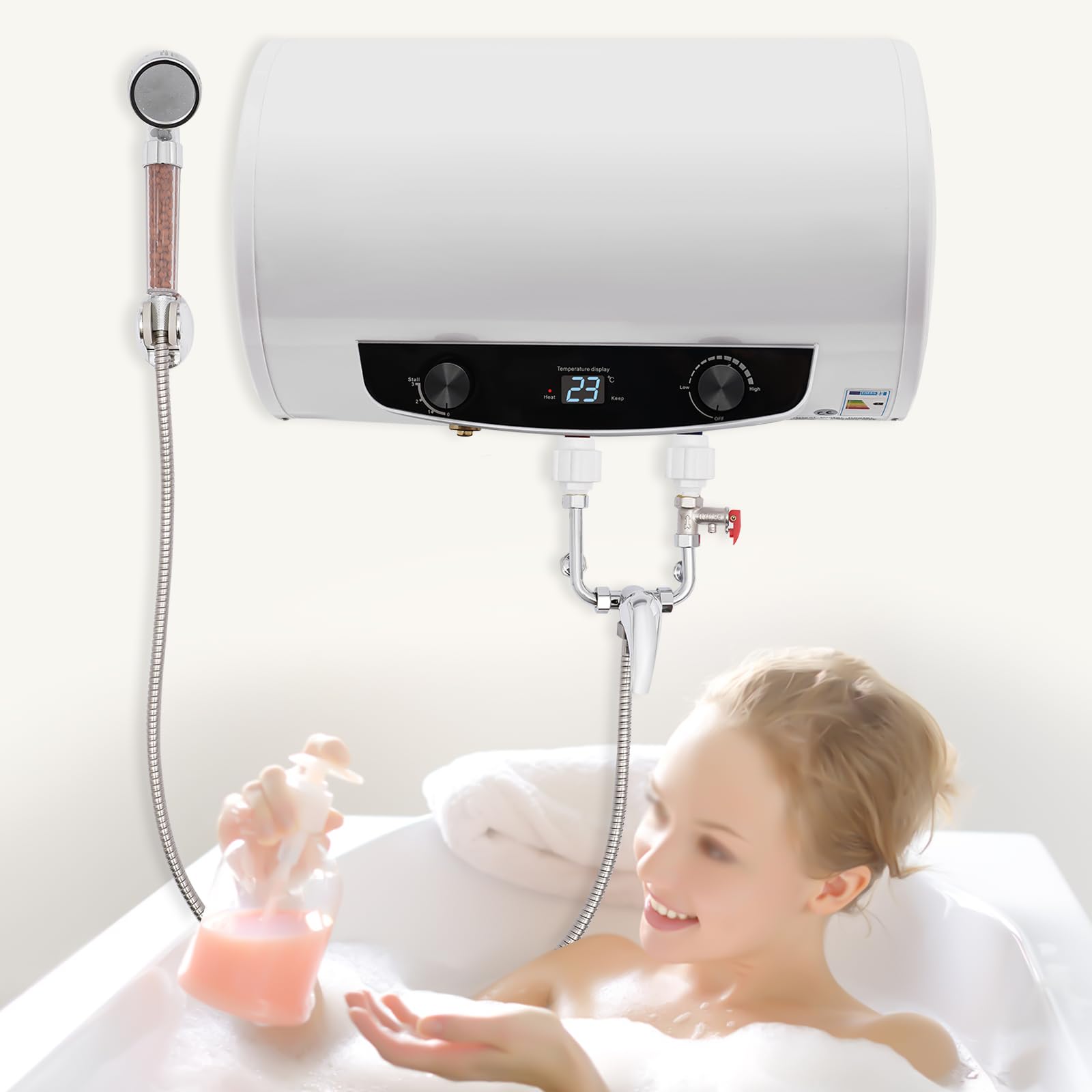 Scaldacqua da 50 l, con soffione doccia e tubo doccia, scaldacqua istantaneo, con indicatore LED, 220 V, 2000 W, elettrico istantaneo per la doccia in bagno