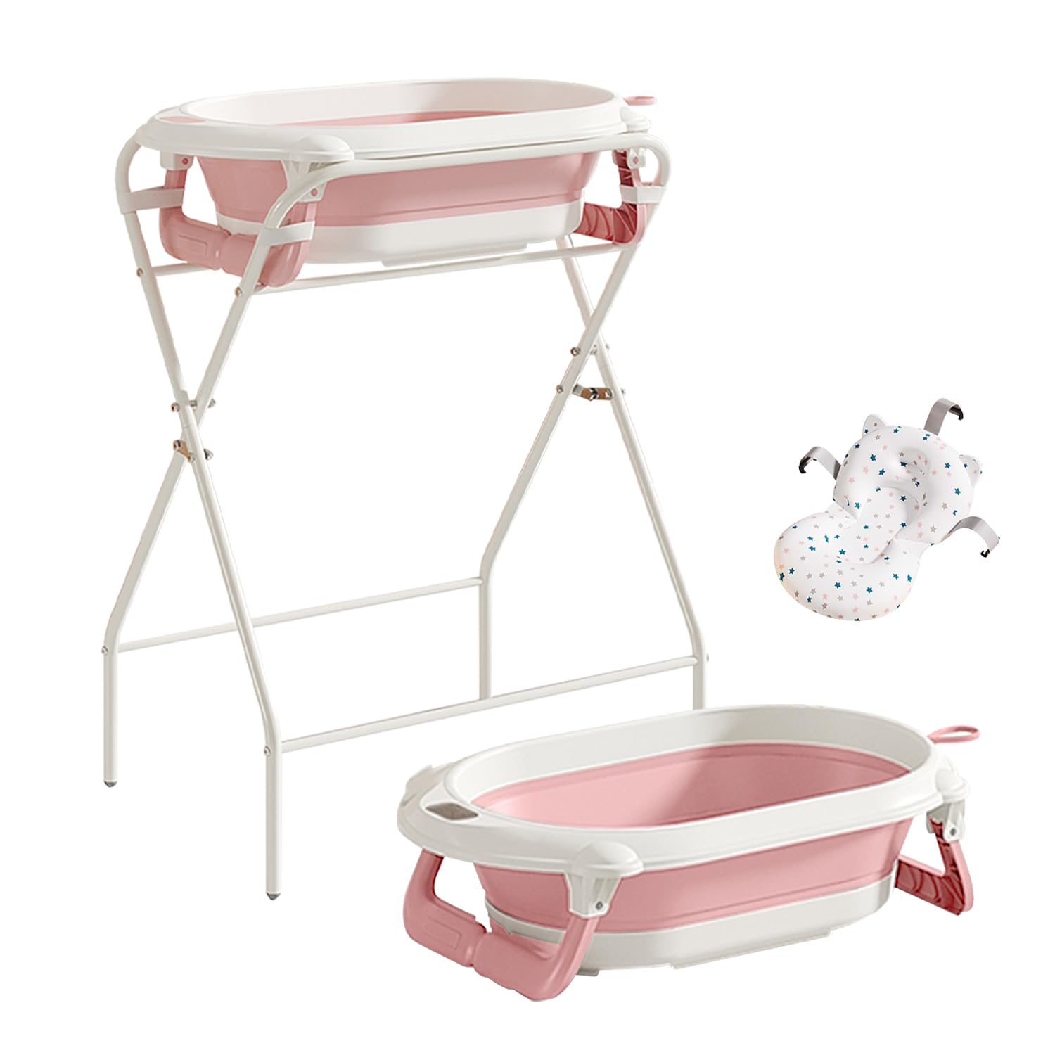 Kynorva Foldable Baby Bathtub with Stand, Water Thermometer & Support Pillow, Ergonomic Tub for Newborn to 12 Months (Pink-White)
