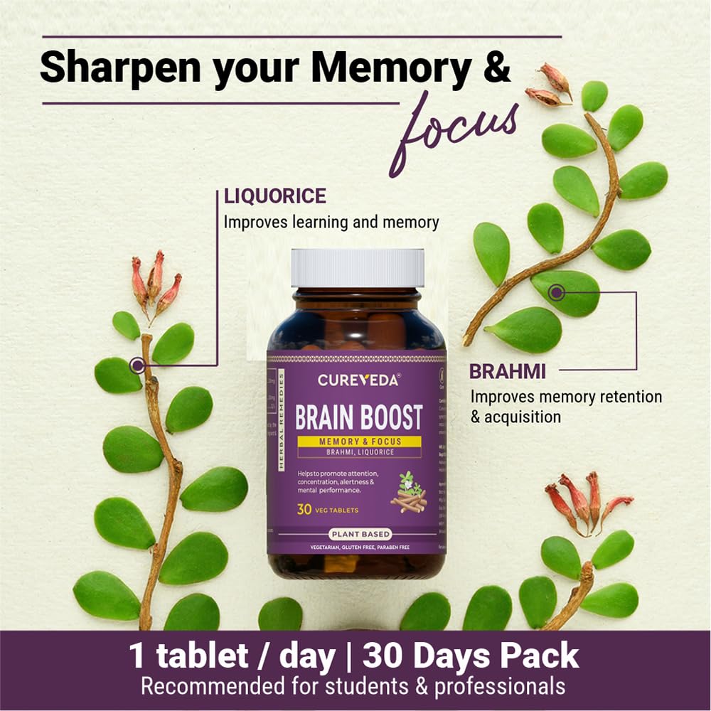Cureveda Herbal Brain Boost Tablet for Brain & Memory Wellness | Extracted with Brahmi and Liquorice | Improves Learning, Memory Retention | Vegetarian | Gluten & Paraben Free (30 Tablets)
