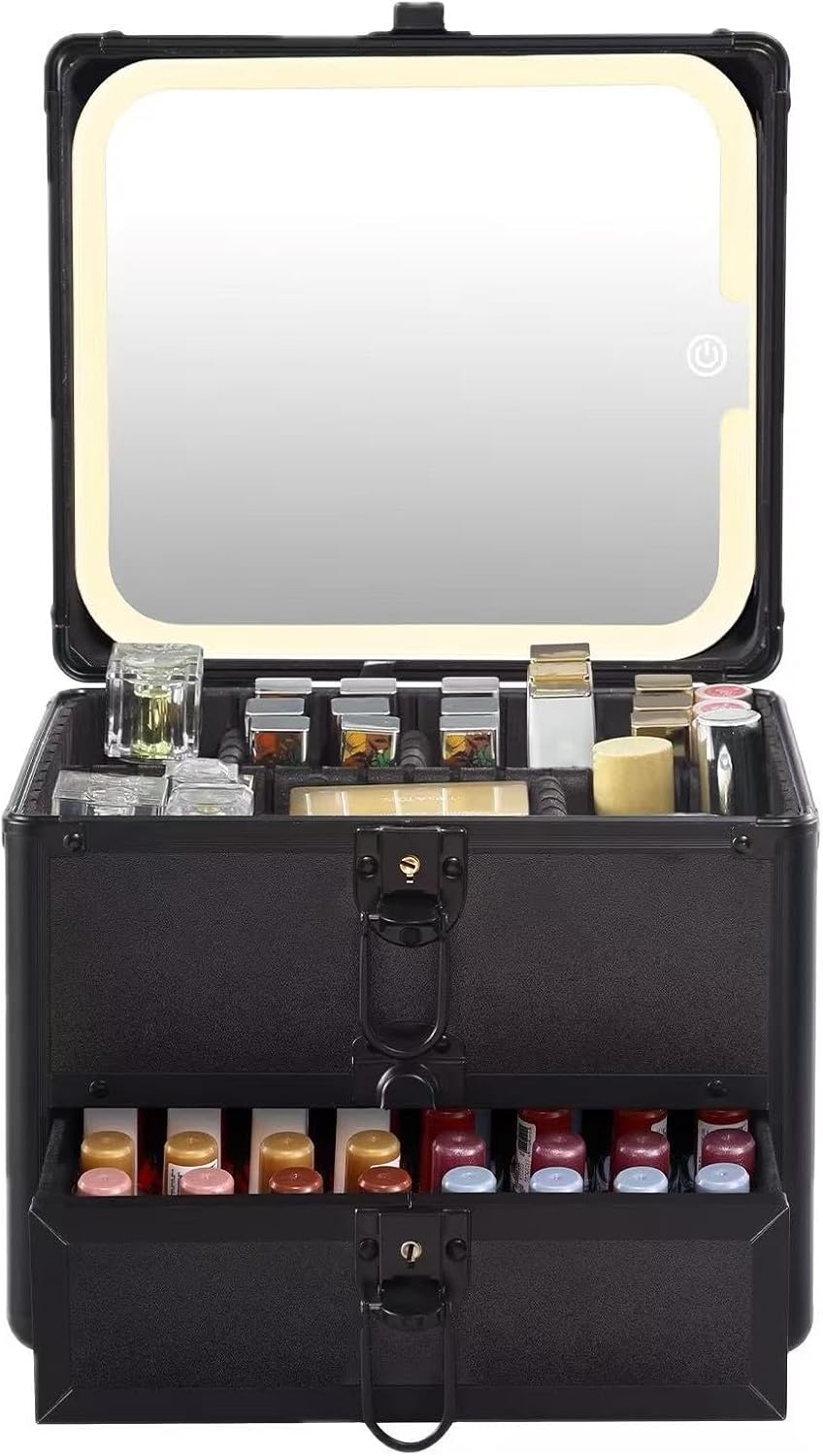Leeora&Leekoo Makeup box with Drawer and lighted mirror travel train Case, cosmetic organizer with Adjustable Dividers and Magnetic led mirror (Black)