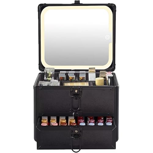 Leeora&Leekoo Makeup box with Drawer and lighted mirror travel train Case, cosmetic organizer with Adjustable Dividers and Magnetic led mirror (Black)