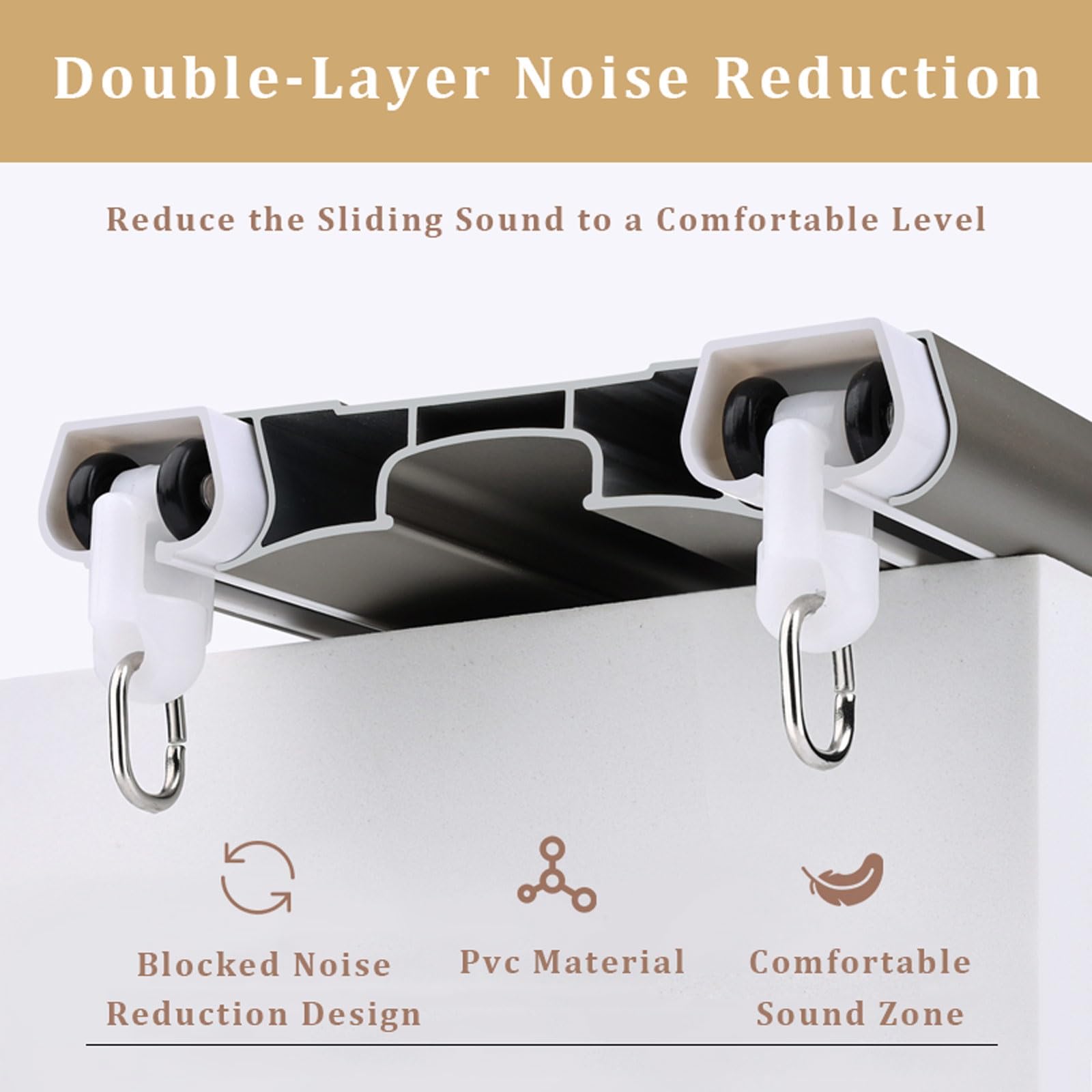 Tringle à rideaux double en aluminium avec bandes insonorisantes pour salle de bain, chambre à coucher, camping-car - Rail coulissant lisse - 150 cm - Doré
