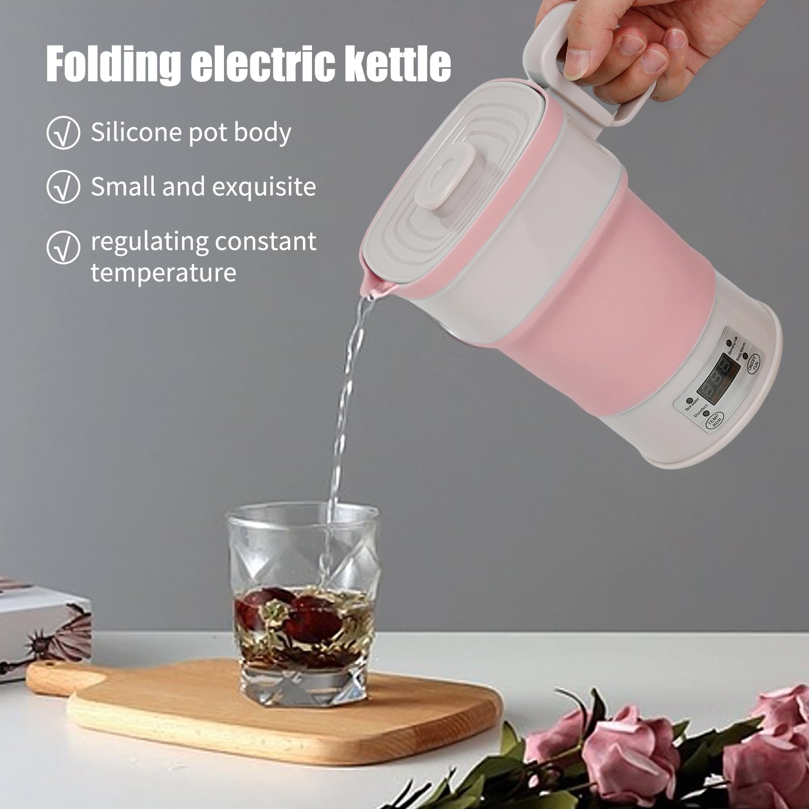 800ml Faltbarer Elektrischer Wasserkocher, Tragbarer Camping Wasserkocher, Mini Reisewasserkocher aus Silikon, BPA-frei, Klein Heißwasserkocher Wasserkessel für Camping, Reise, Wandern, Outdoor (Rosa)