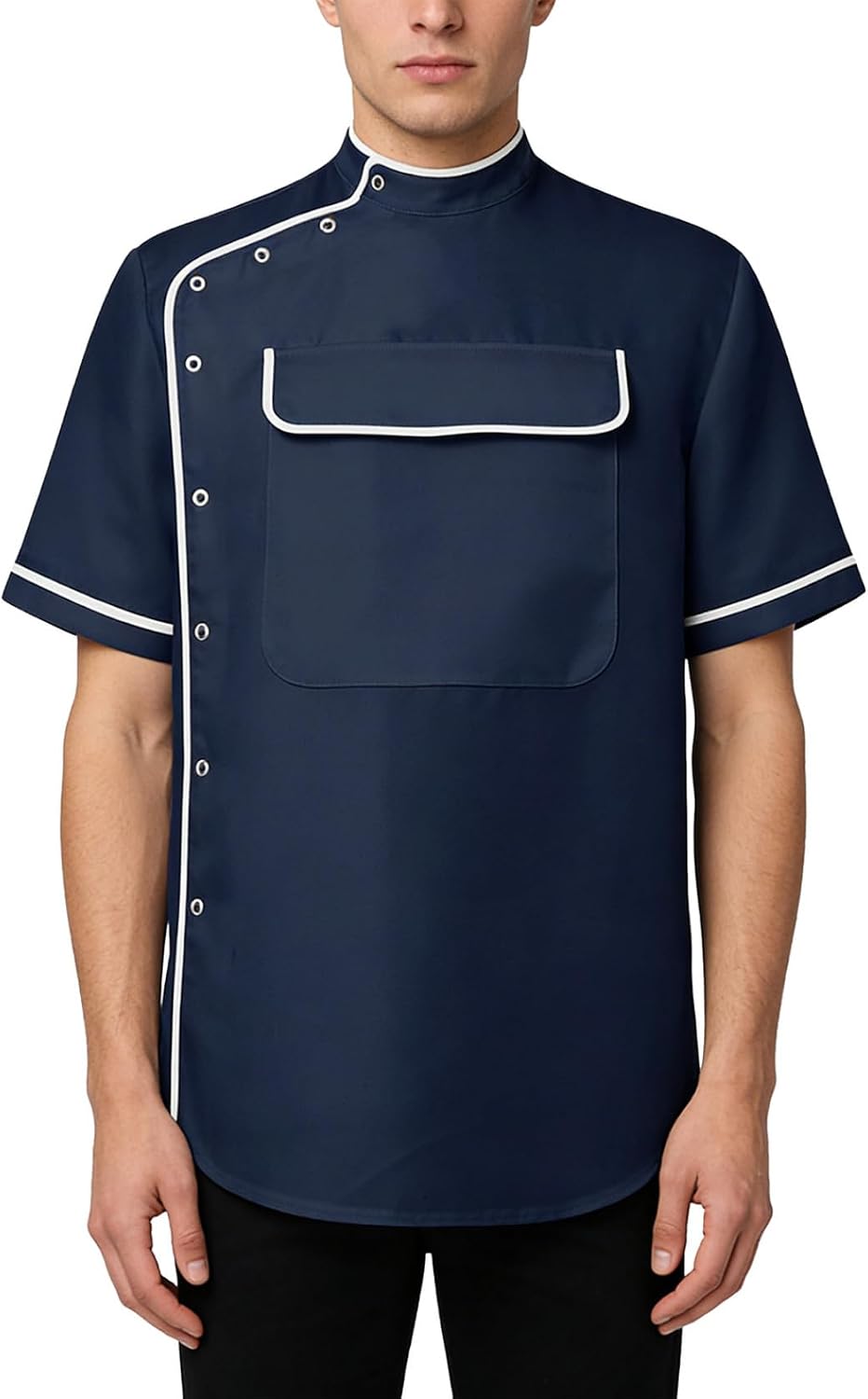 Sywiyi Men Hairdresser Salon Smocks Pocket Band Collar Pet Grooming Jacket Short Sleeve Uniform Workwear