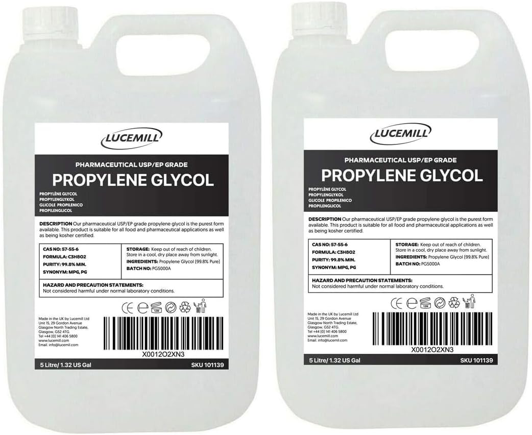 Lucemill Propylene Glycol (MPG) | 10 Litre (2x5L) | 99.8% Pure Food Grade Propylene Glycol | USP/EP Grade | For Baking, Cosmetics, DIY Skincare, Food Flavouring & Household Applications
