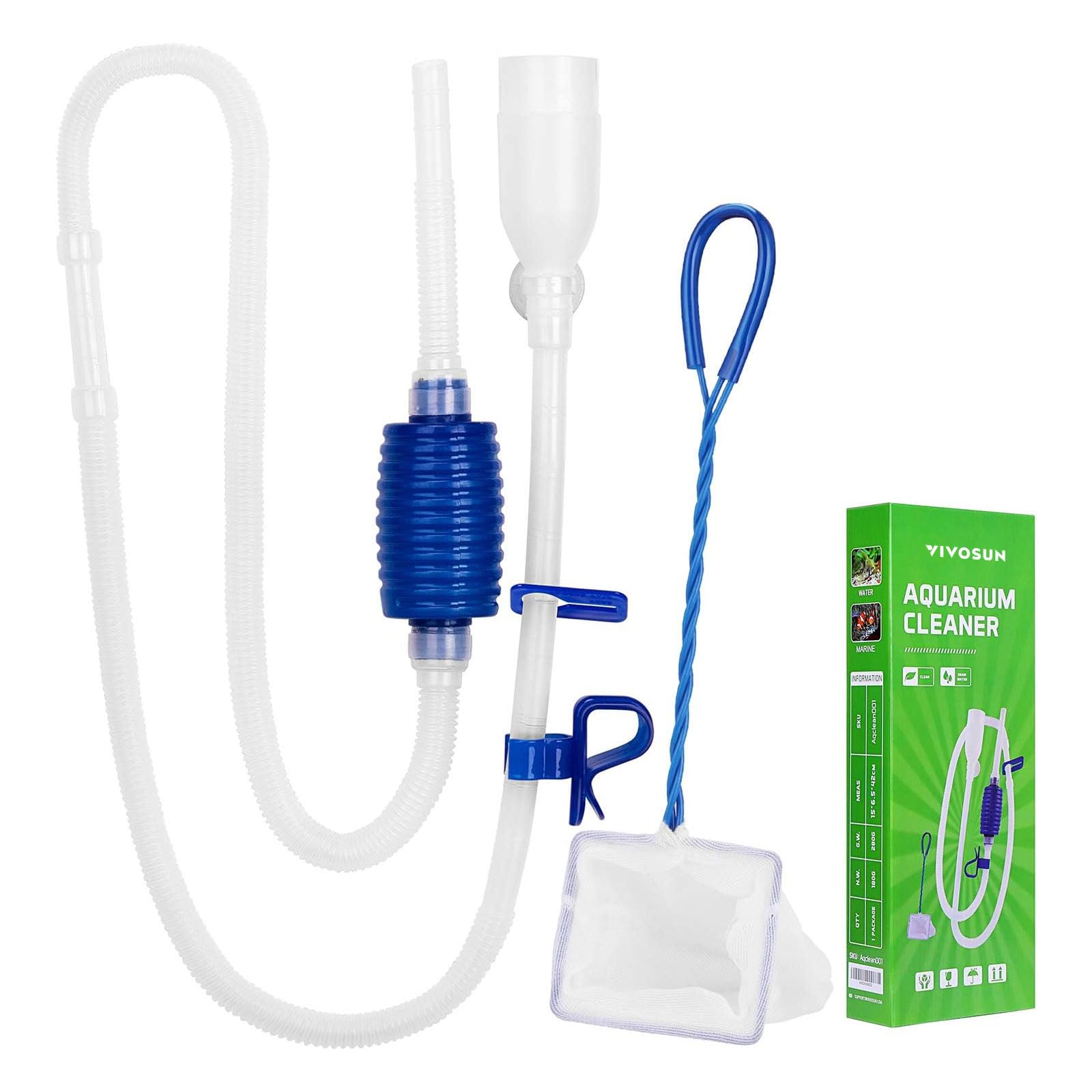 VIVOSUN Aquarium Gravel Cleaner Siphon Fish Tank Vacuum Cleaner with Fishing Net Long Nozzle Water Flow Controller - BPA Free