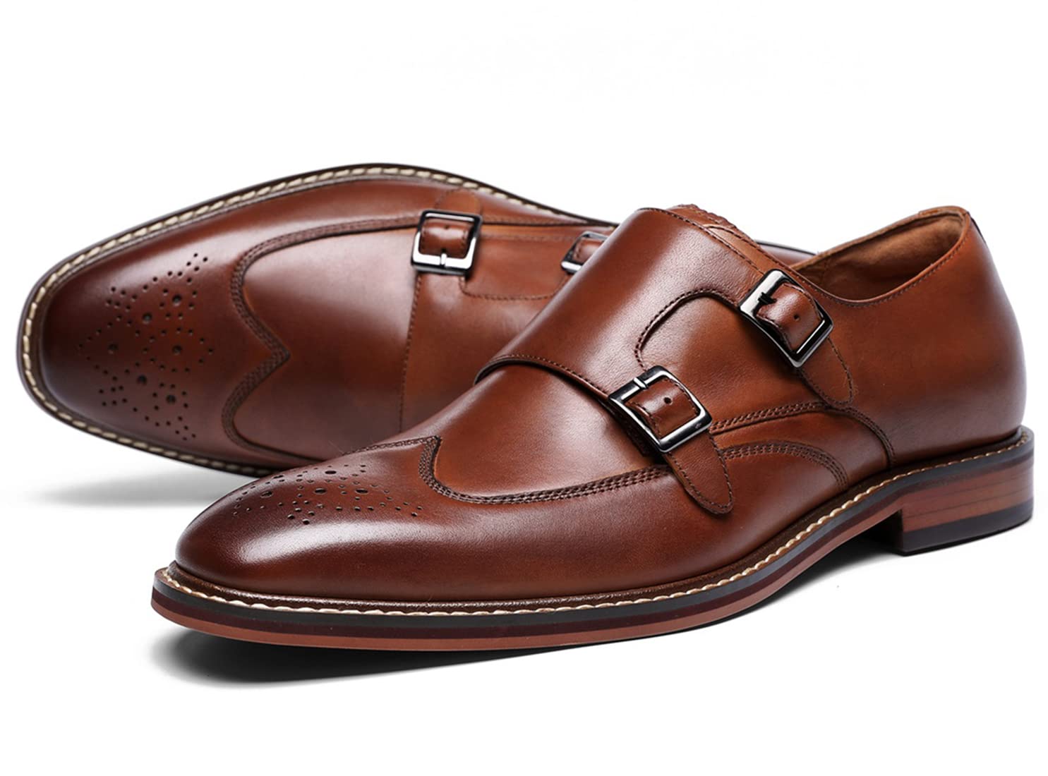 Santimon Homme Cuir Double Monk Chaussures à Boucle de Ville Wingtip Brogue Habillées Business Casual Derby Loafer Noir Marron