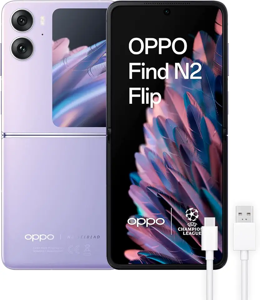 OPPO Find N2 Flip, Teléfono móvil Plegable, 8GB+256GB, Cámara 50+8 MP, Pantalla Externa Gigante, Batería 4300mAh, Cargá Rápida SuperVOOC 44W, Dual Nano SIM – Morado