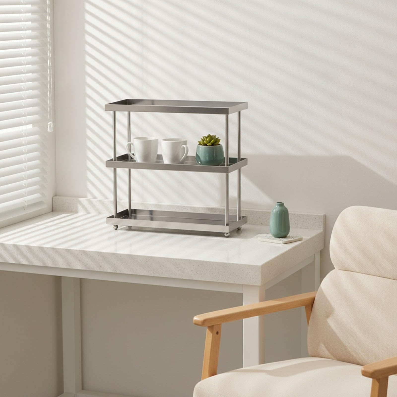 Estante Mesa con Banjas Multifuncional Organizador Acero Inoxidable Morno Repisa para Cocina, Tocador, 2