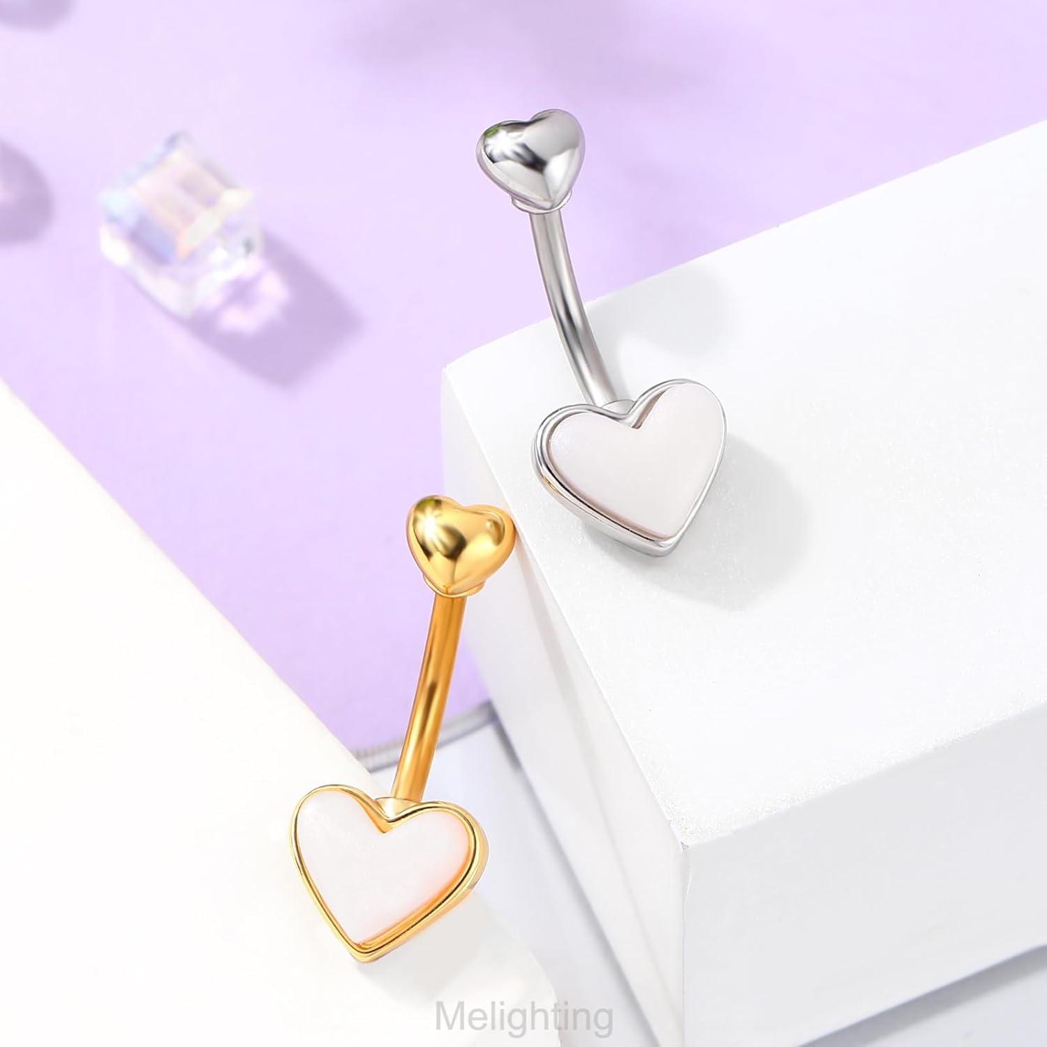Melighting Heart Belly Button Ring 14G Stainless Steel 316L Pink Belly Ring Belly Piercing Opal Steel Gold Belly Piercing Jewelry Navel Ring For Women 10mm - Image 7