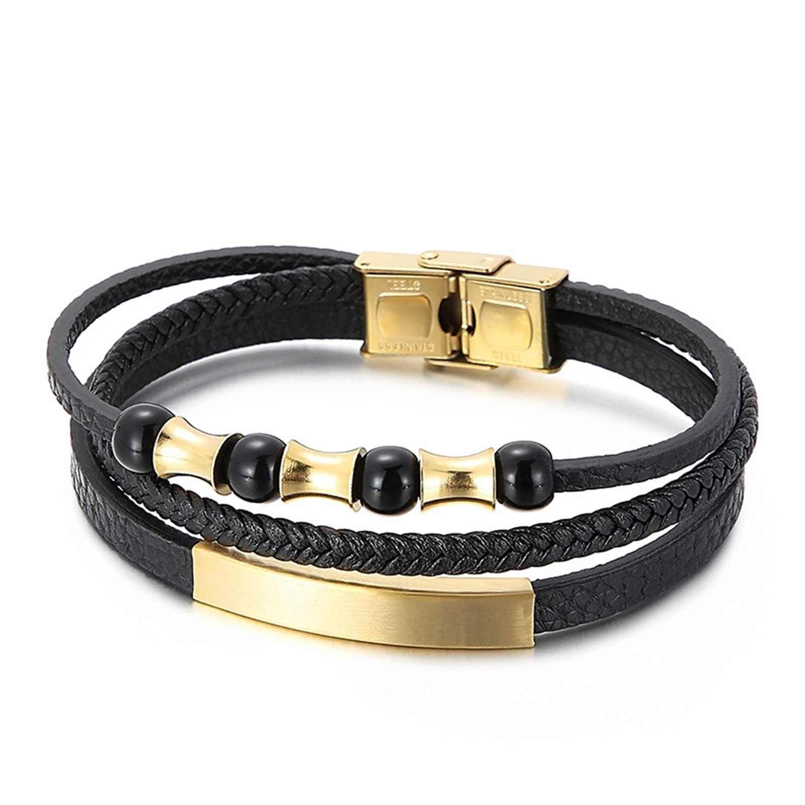 Pulsera de Acero Inoxidable para Hombre, Pulsera de Cuero para Hombre, Pulsera Multicapa con Cuentas Negras, Pulsera de Cadena Punk Fresca de 21 cm de Longitud