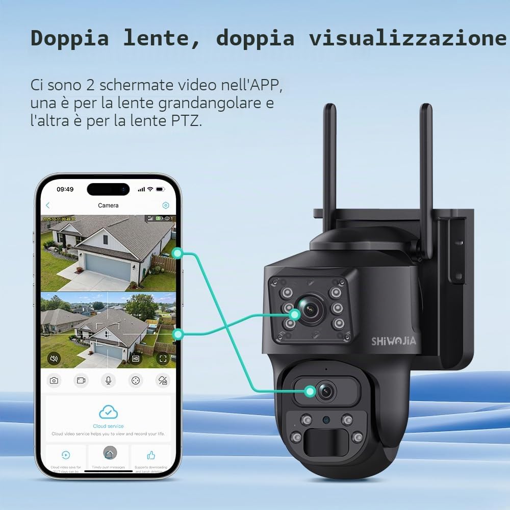 SHIWOJIA 24/7 Registrazione AOV Telecamera 4G da Esterno, Doppio Obiettivo, Allarmi PIR, Auto Tracking, Audio Bidirezionale, Tracciamento Automatico, IP66