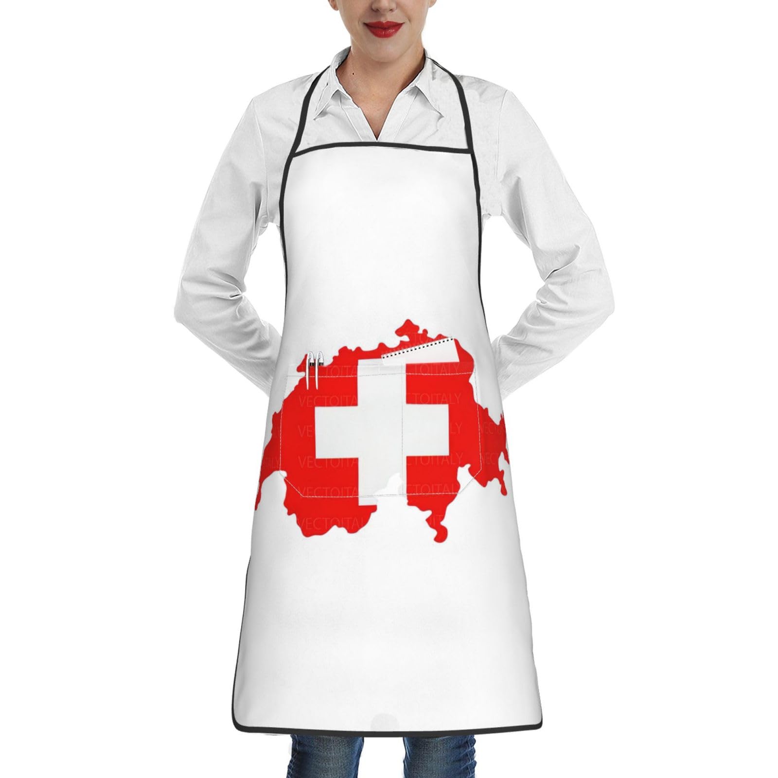 JEJEA Swiss Flag Map Print Kitchen Bib Apron Water And Oil Resistant, Cooking Kitchen Chef Apron For Women Men