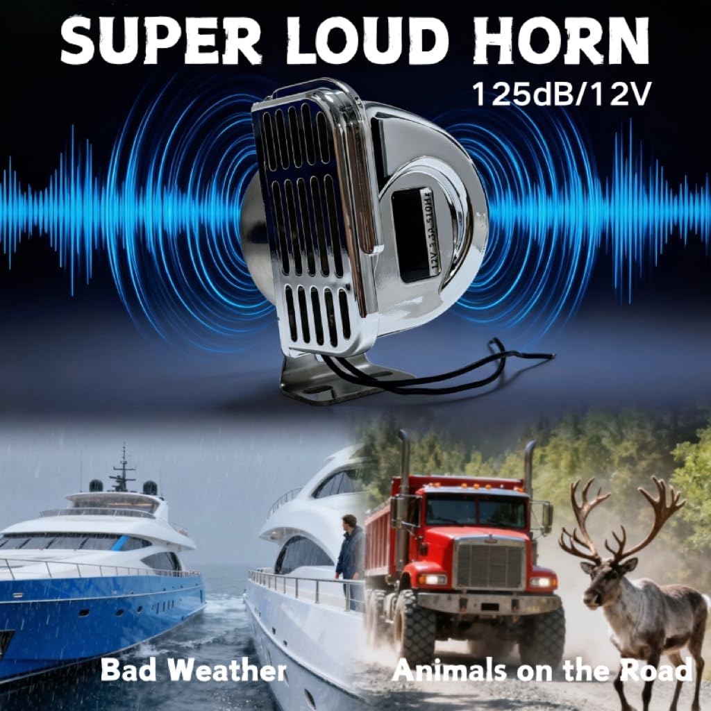 2PSC 12V 125dB Stainless Steel Horn for Boats, Super Loud Horn for Safety Ships, Weatherproof Car Horns with Base Bracket for Motorcycle,Pickup truck, SUV, Yacht, Off-Road Vehicle etc.(High-Low tone)