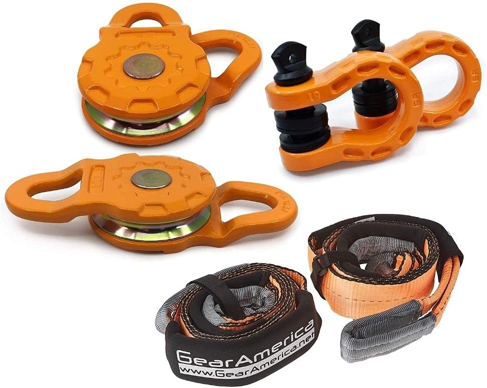 GearAmerica 2PK Mega Snatch Blocks 25T Strength + 2PK Mega Shackles Orange 68,000 lbs Capacity + 2PK Tree Saver Winch Strap 3" x8' 35,000 lbs Strength