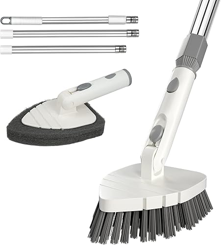 ITTAHO Cepillo de limpieza de azulejos 2 en 1 de 59 pulgadas de mango largo con cerdas rígidas para ducha con poste extensible, cepillo giratorio