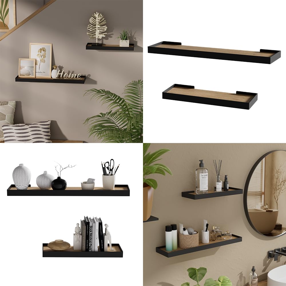 Vicco Estante de Pared Erni, Negro/Roble, 60 x 3 cm Lote de 2, para almacenar y presentar Objetos