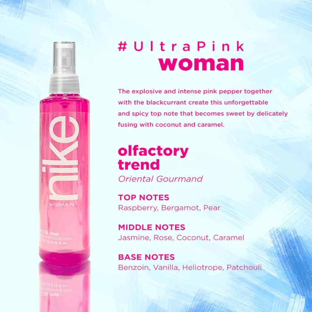 NIKE - Bruma Corporal Perfumada Ultra Pink 200 ml, Aroma Oriental Gourmand, Bruma para Mujer, Body Mist, Fragancia Fresca, de Larga Duración, Fácil de Aplicar, Secado Rápido, Formato Spray