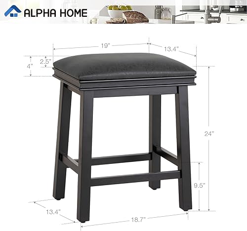 Miniatura 58 de ALPHA HOME Juego de 2 taburetes de bar, taburetes de cocina de madera maciza con cojín de piel sintética gris, taburetes de bar con base de madera