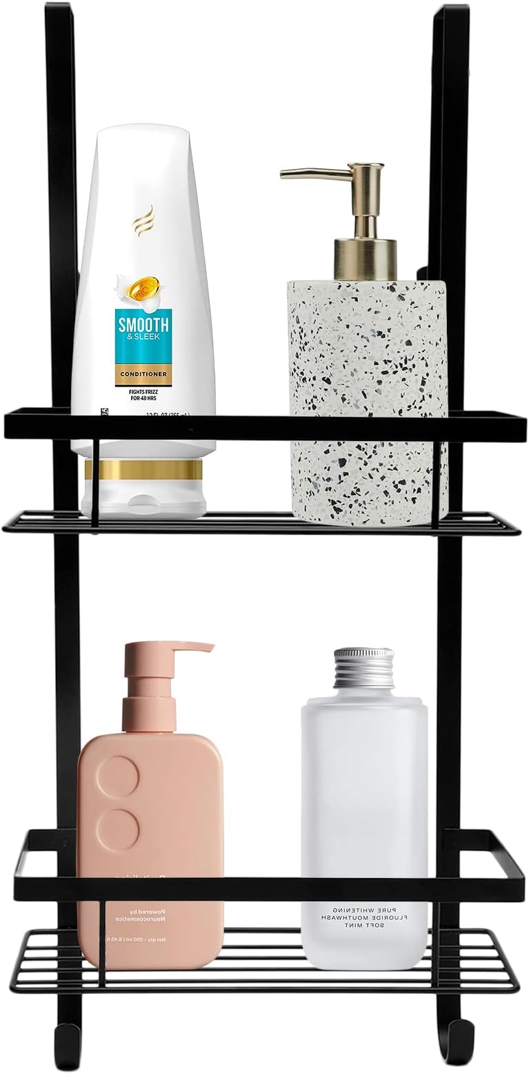 Anko Powder Coated Iron Bathroom Organizer with 2 Tier | Over-The-Door Bathroom Shelf | Rust-Proof Hanging Shower Caddy | Shampoo & Soap Holder | Black | 67.5 Cm (H) x 28.5 Cm (W) x 20 Cm (D) (1 Pc)