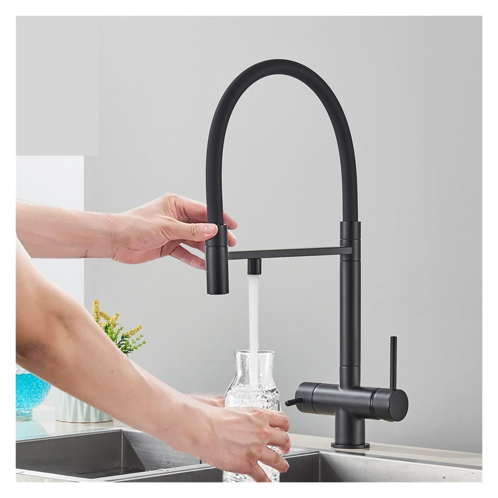 Rubinetto da Cucina filtrante Estraibile in Ottone, Miscelatore per lavello, Doppia Maniglia, per Acqua Calda e Fredda, purificazione dell'Acqua, Ideale per Acqua Potabile, Finitura Grigio a