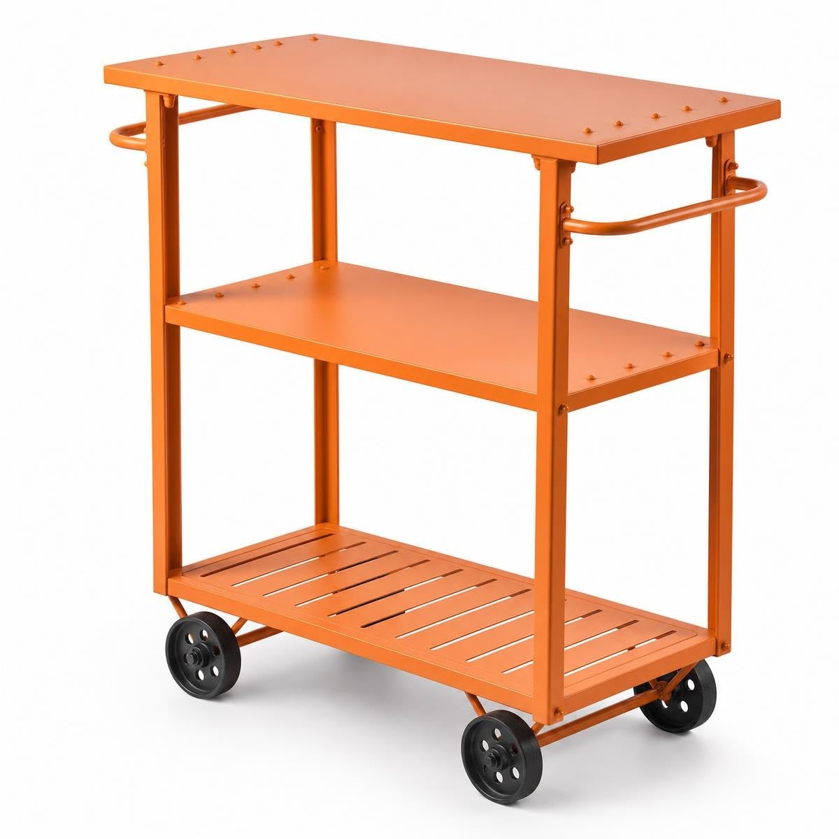 LOKKHAN Orange 3-Tier Metal Rolling Beverage Bar Cart | Waterproof Rustproof Serving Cart with Handle | 39.37 x 15.74 x 41 in | Indoor Use Outdoor Party Utility Storage Cart