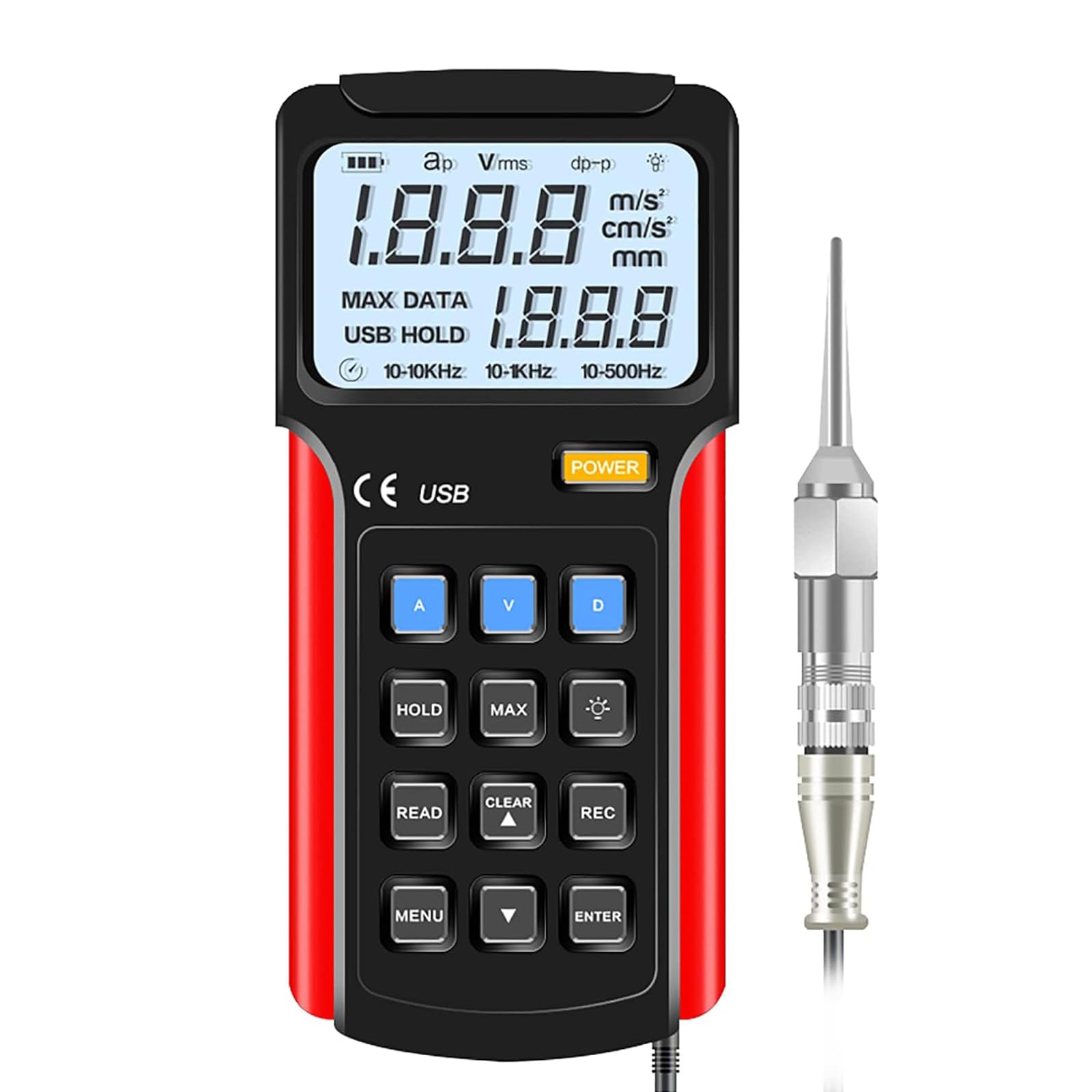 VitalisWorks Digital Vibration Meter, Portable Vibration Measuring Instrument, 10min Automatic Shutdown/acceleration Measurement: 10Hz~10000Hz/displacement Measurement: 10Hz~500Hz
