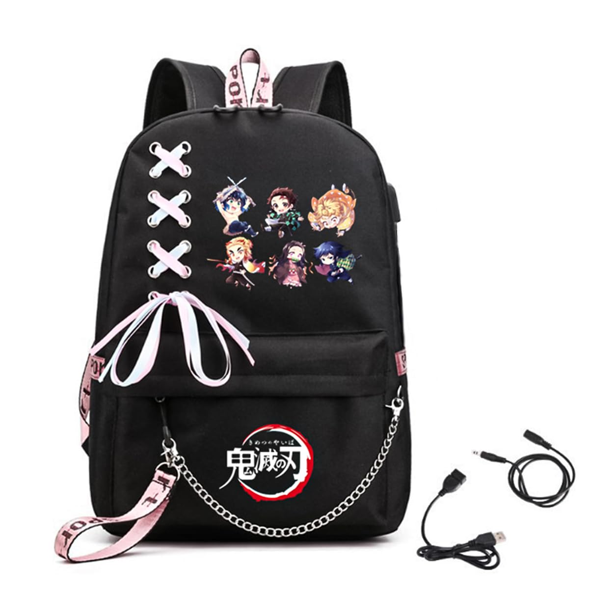 PALAY® Anime Backpack with USB Charging Port and Headphone Jack, Demon Slayer Girls Large Travel Backpack 14 Inches Laptop Bag Cartoon Anime Print Backpack School Gift for Kids (Black)
