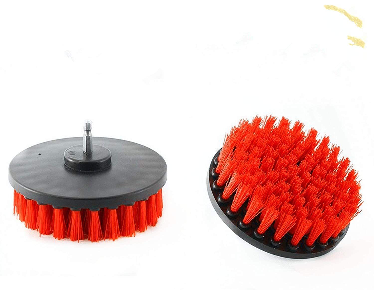 Drill Brush Heavy Duty 2PCS – Clean Tile &amp; Grout 5X faster – Spin Away Rust, Soap Scum, Mineral Deposit, Hard Water Stain – 5″ Diameter Stiff Red Nylon Bristle with Metal Shaft Attachment