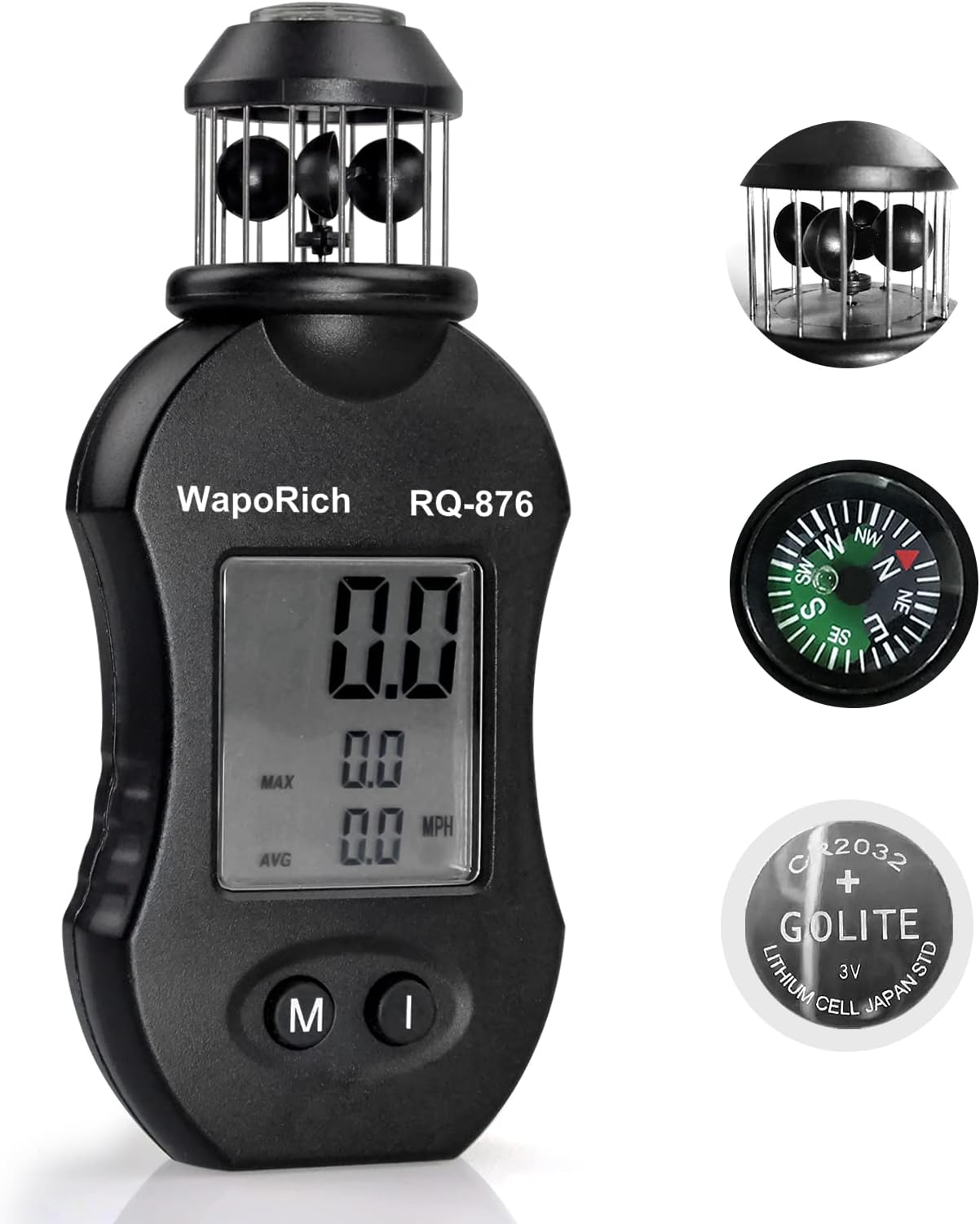Digital Anemometer Handheld Wind Speed Meter with 360°Rotation Wind Senser with Big LCD Back-Light for Wind Speed/Wind Temperature/Max/Avg for HAVC, Drone Flight, Fishing, Shooting -RQ-876
