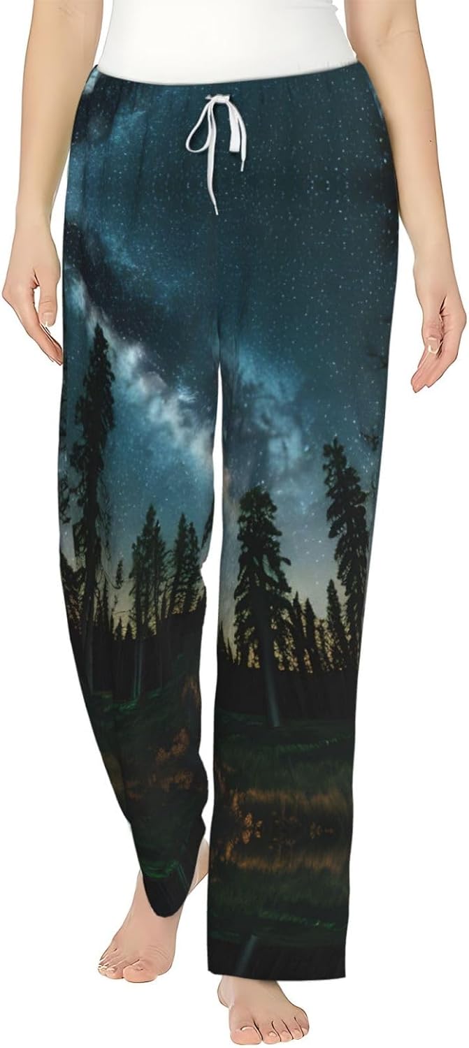 Night Sky With Trees Print Cozy Christmas Pajama Pants,Flannel Pajama Bottoms,Cater To Various Body Types